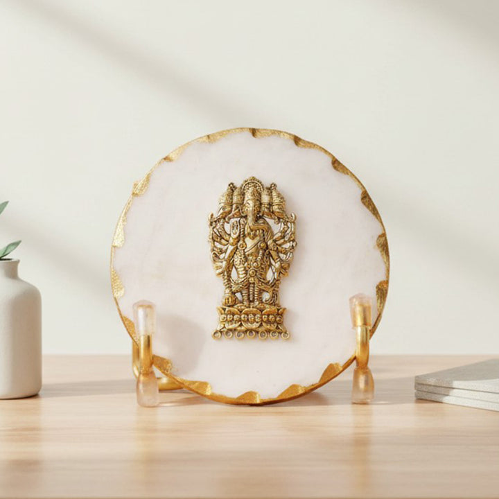 White Marble Gold Leafing Ganesha Showpiece With Metal Stand