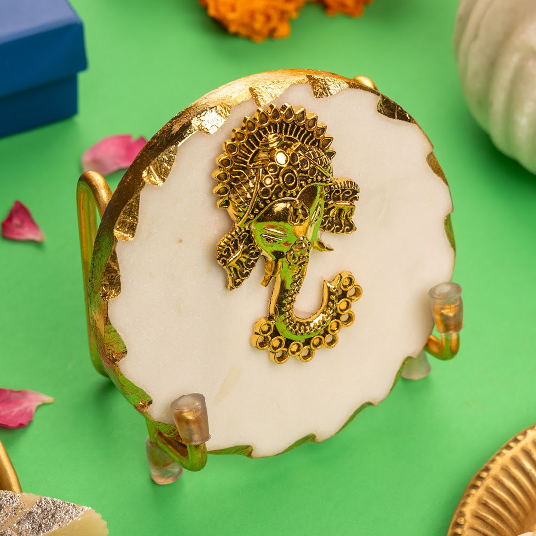 White Marble Ganesha Gold Leafing Showpiece With Metal Stand