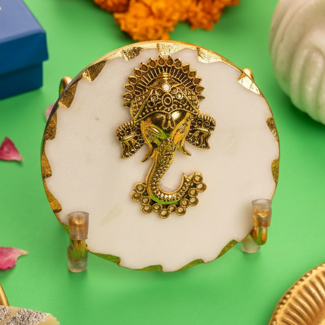 White Marble Ganesha Gold Leafing Showpiece With Metal Stand