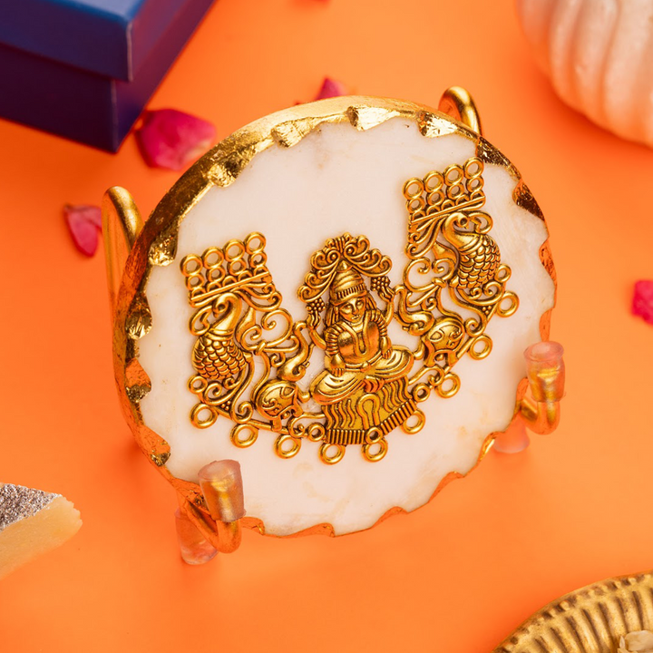 White Marble Laxmi Gold Leafing Showpiece With Metal Stand
