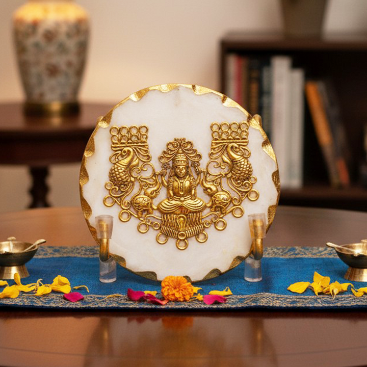 White Marble Laxmi Gold Leafing Showpiece With Metal Stand