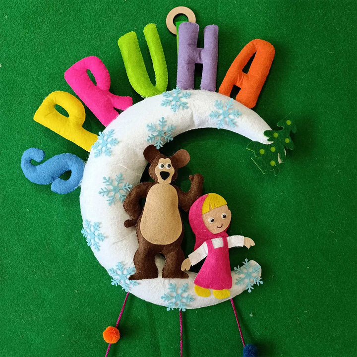 Handcrafted Personalized Masha & Bear on the Moon Felt Name Plate for Kids