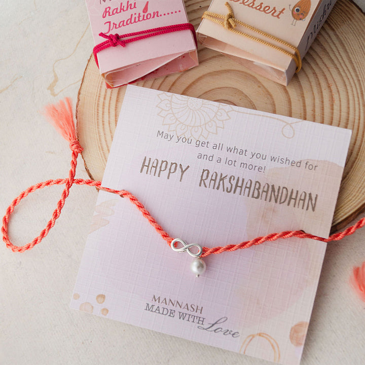 Infinity Love With Pearl Sterling Silver Charm Rakhi With Roli Chawal For Brother