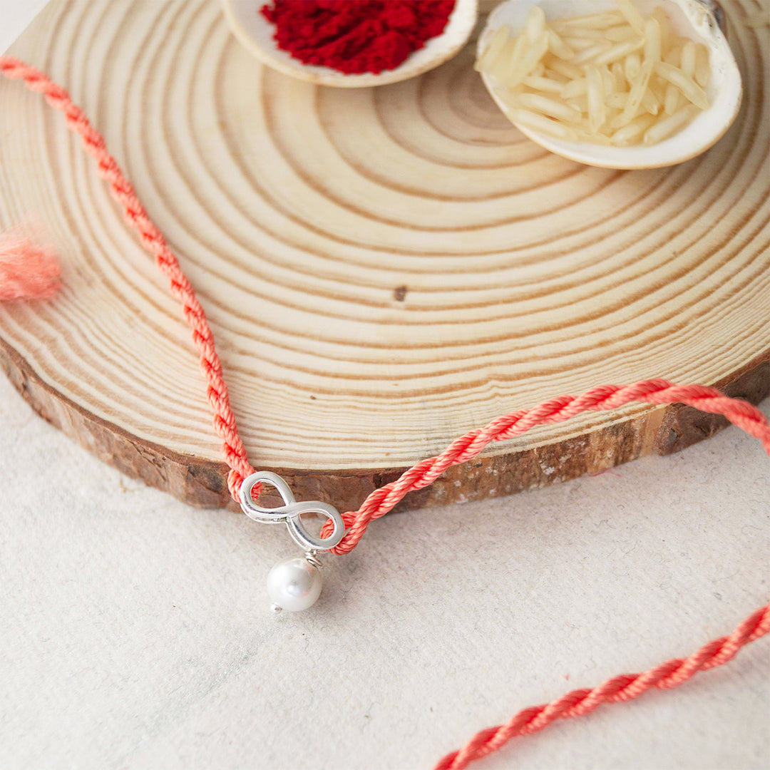 Infinity Love With Pearl Sterling Silver Charm Rakhi With Roli Chawal For Brother