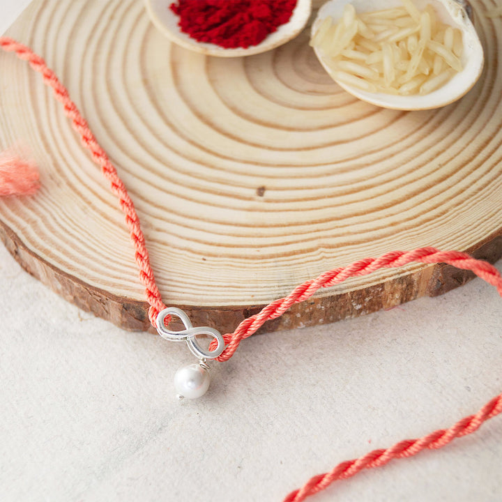 Infinity Love With Pearl Sterling Silver Charm Rakhi With Roli Chawal For Brother
