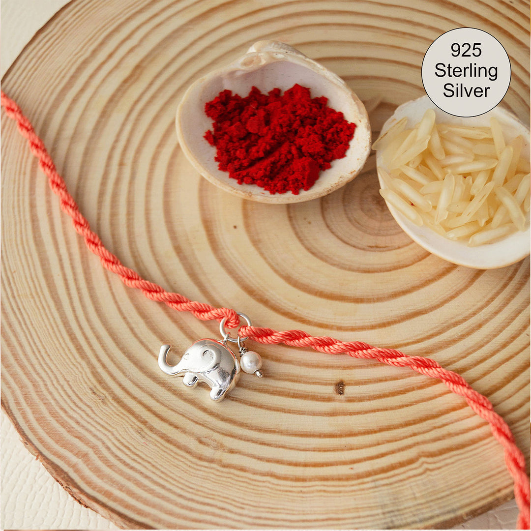 Cute Elephant With Pearl Sterling Silver Charm Rakhi With Roli Chawal For Brother