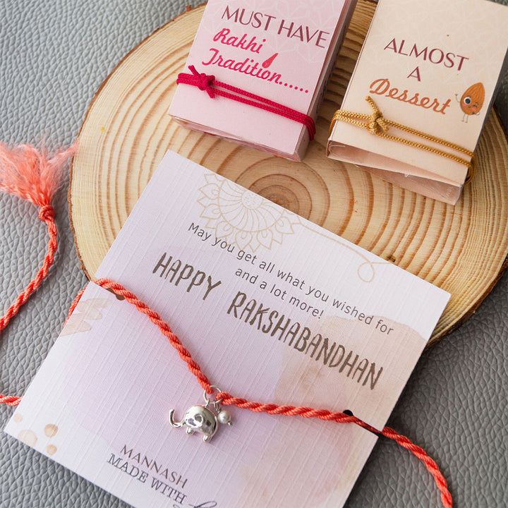 Cute Elephant With Pearl Sterling Silver Charm Rakhi With Roli Chawal For Brother