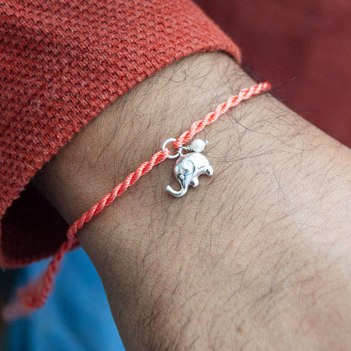 Cute Elephant With Pearl Sterling Silver Charm Rakhi With Roli Chawal For Brother