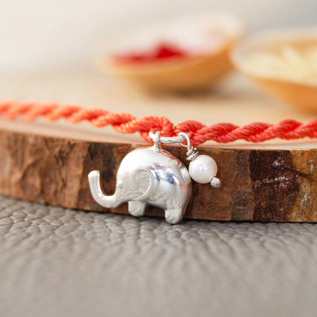 Cute Elephant With Pearl Sterling Silver Charm Rakhi With Roli Chawal For Brother