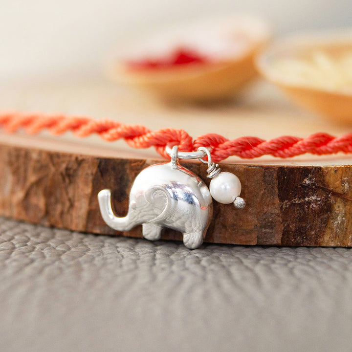 Cute Elephant With Pearl Sterling Silver Charm Rakhi With Roli Chawal For Brother