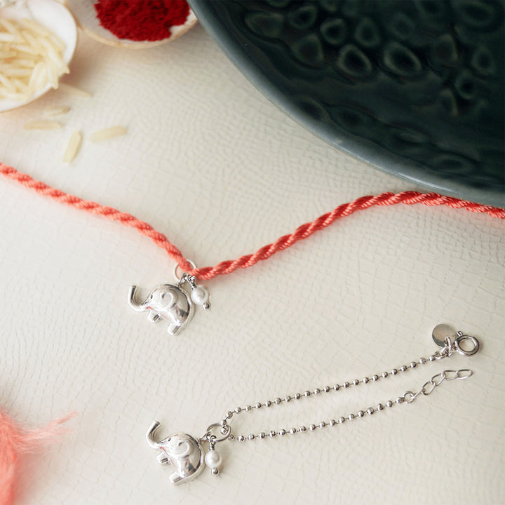 Cute Elephant With Pearl Sterling Silver Rakhi & Lumba Set With Roli Chawal For Bhaiya Bhabhi | Set of 2