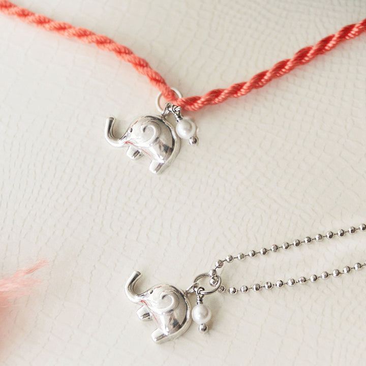 Cute Elephant With Pearl Sterling Silver Rakhi & Lumba Set With Roli Chawal For Bhaiya Bhabhi | Set of 2