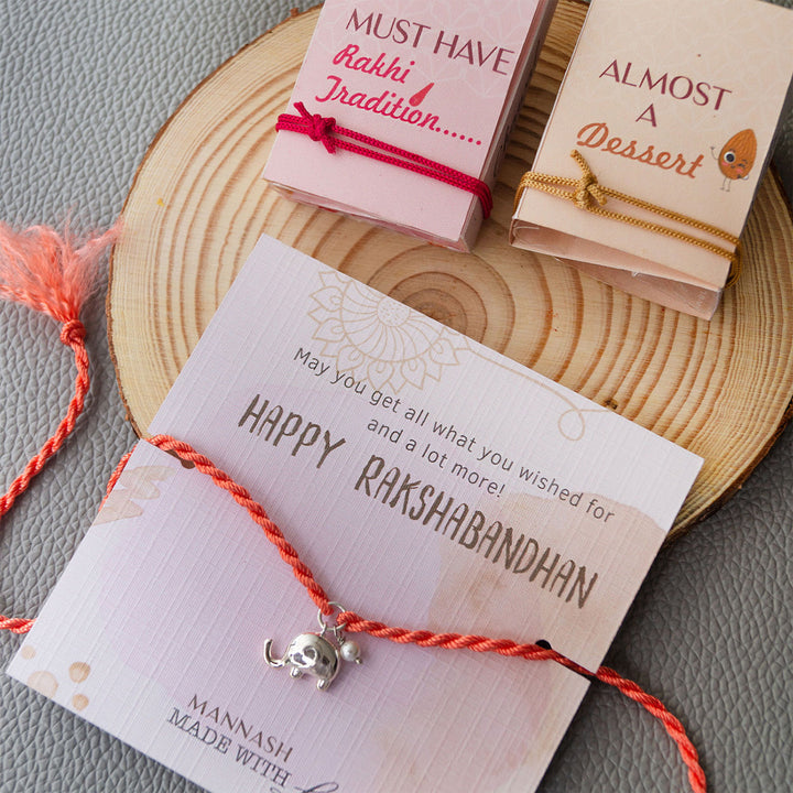 Cute Elephant With Pearl Sterling Silver Rakhi & Lumba Set With Roli Chawal For Bhaiya Bhabhi | Set of 2