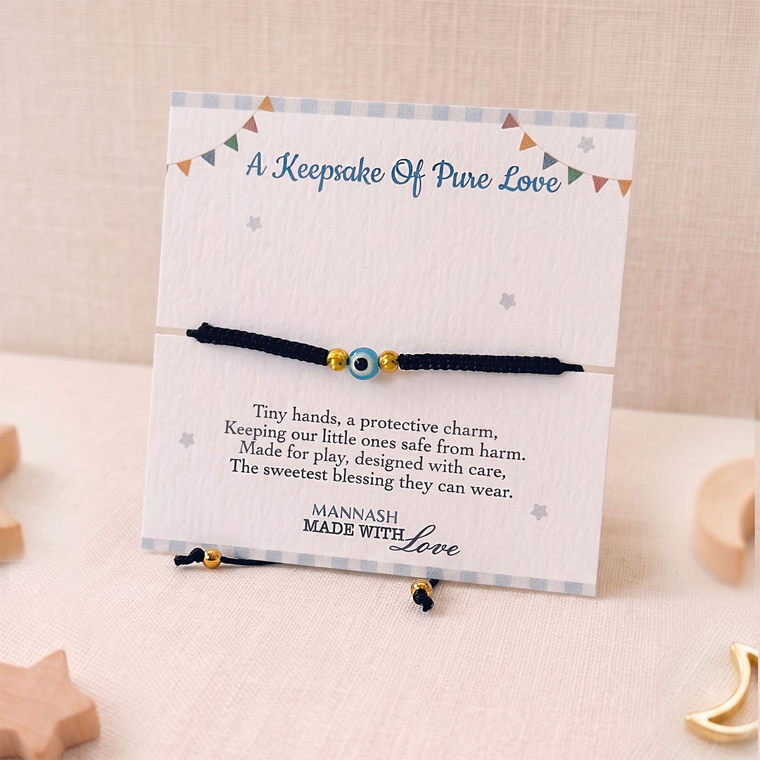 Evil Eye Gold Plated Sterling Silver Kids Nazariya Adjustable Thread Rakhi With Roli Chawal For Baby Brother