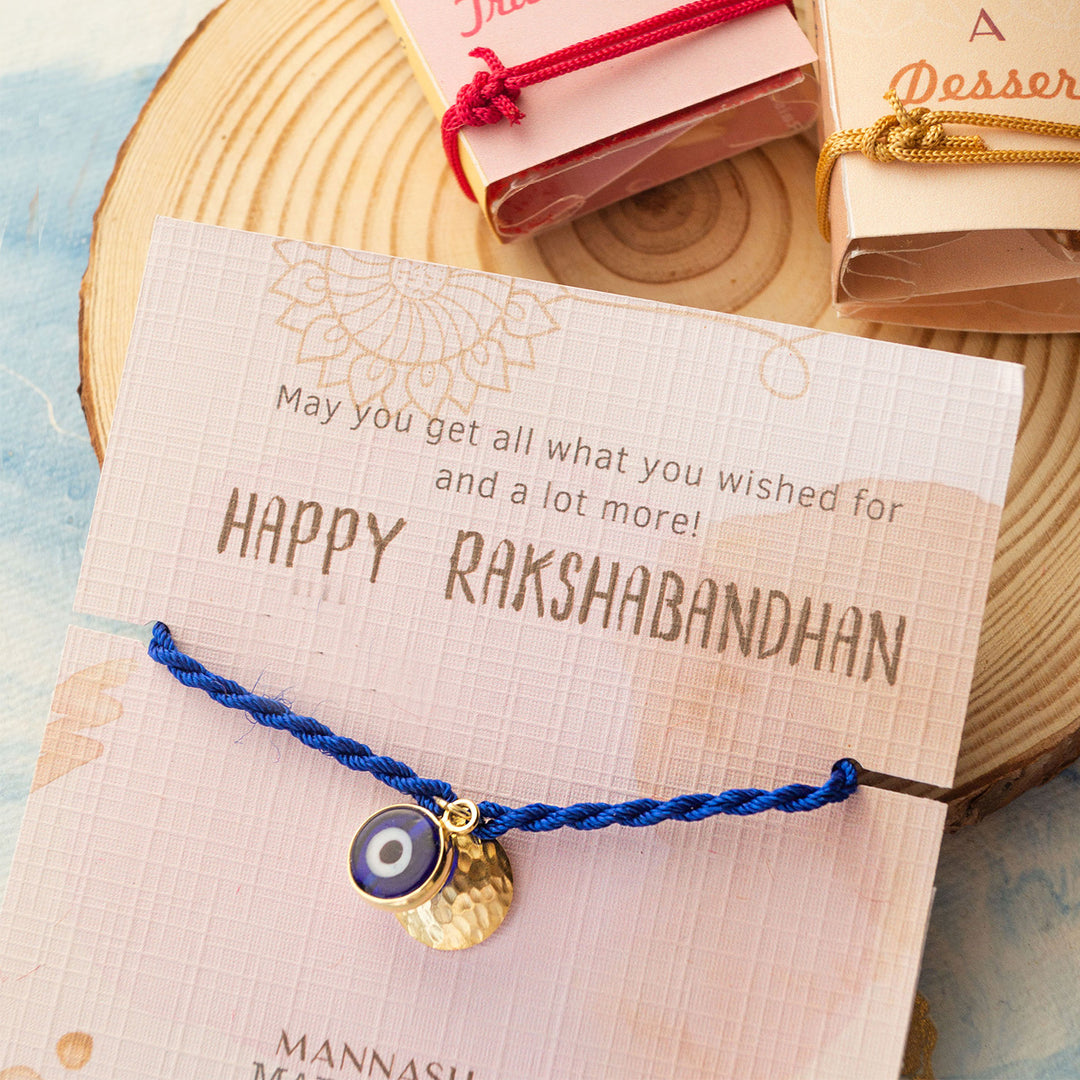 Evil Eye Multi-Wearable Gold Plated Sterling Silver Charm Rakhi With Roli Chawal For Brother
