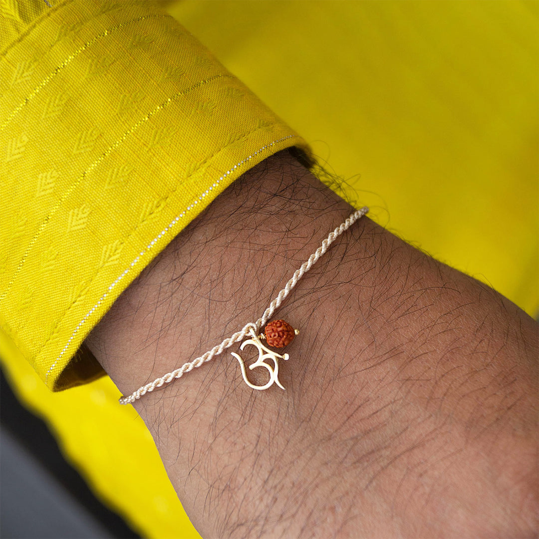 Sacred Om With Rudraksh Gold Plated Sterling Silver Charm Rakhi With Roli Chawal For Brother