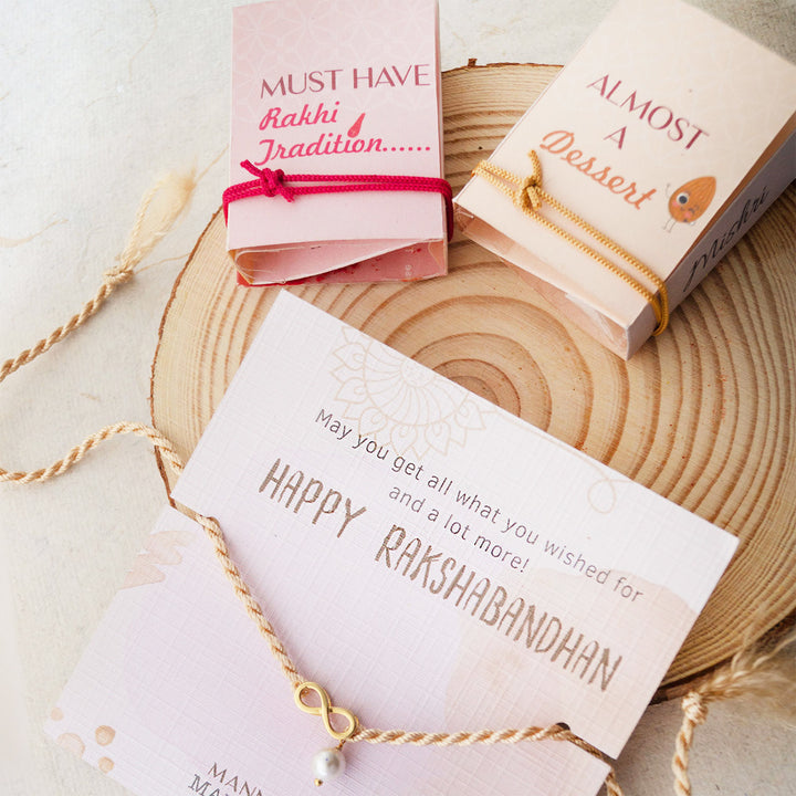 Infinity Love With Pearl Gold Plated Sterling Silver Charm Rakhi With Roli Chawal For Brother