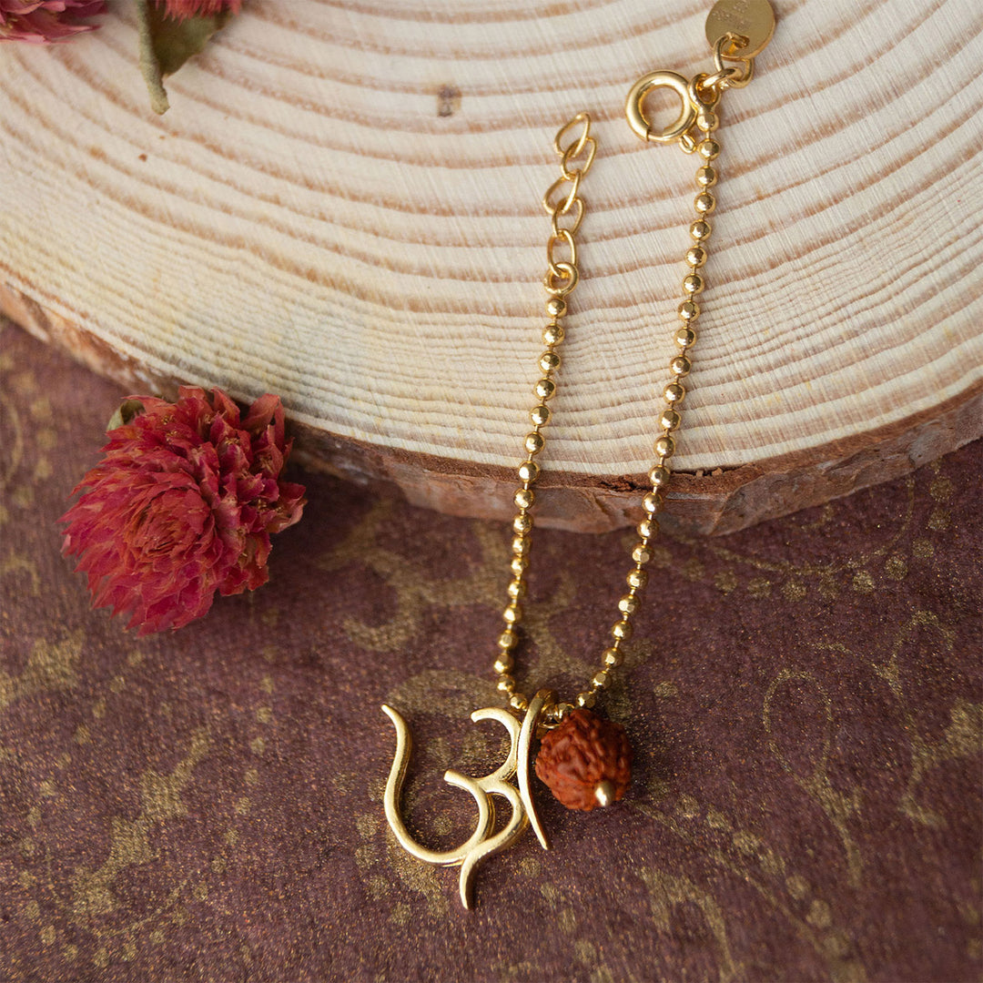 Sacred Om With Rudraksh Gold Plated Sterling Silver Rakhi & Lumba Set With Roli Chawal For Bhaiya Bhabhi | Set of 2