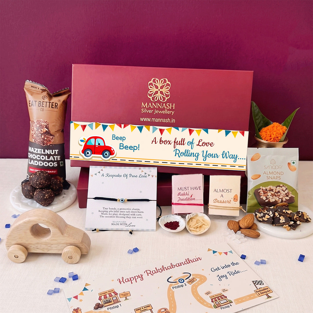 Joy Ride Evil Eye Nazariya Gold Plated Sterling Silver Rakhi Hamper With Toy Car, Chocolates & Roli Chawal For Baby Brother
