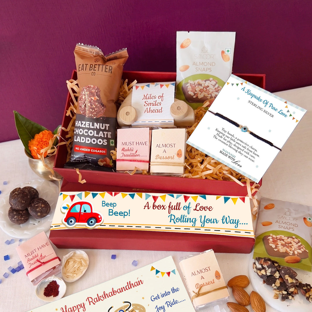 Joy Ride Evil Eye Nazariya Gold Plated Sterling Silver Rakhi Hamper With Toy Car, Chocolates & Roli Chawal For Baby Brother