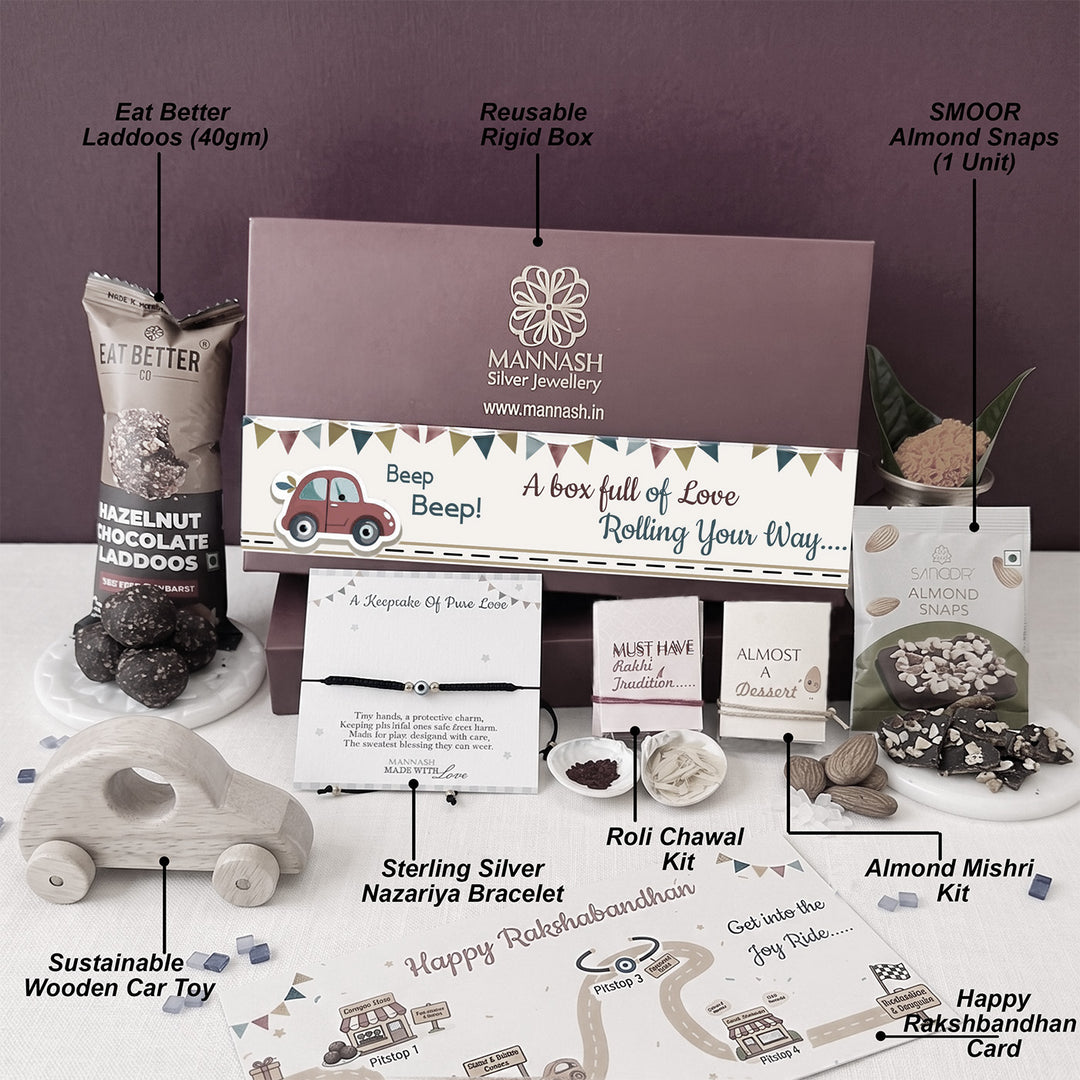 Joy Ride Evil Eye Nazariya Gold Plated Sterling Silver Rakhi Hamper With Toy Car, Chocolates & Roli Chawal For Baby Brother