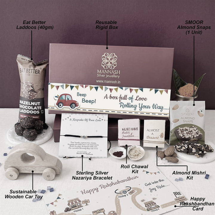 Joy Ride Evil Eye Nazariya Gold Plated Sterling Silver Rakhi Hamper With Toy Car, Chocolates & Roli Chawal For Baby Brother