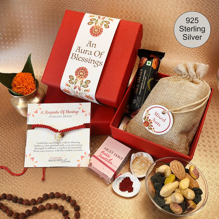 Aura Of Blessings Om With Rudraksh Gold Plated Sterling Silver Charm Rakhi Hamper With Chocolates, Nuts & Roli Chawal For Brother