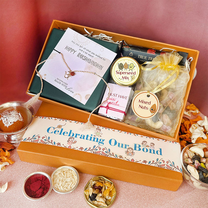 Celebrating Our Bond Evil Eye Nazariya Gold Plated Sterling Silver Bracelet Rakhi Hamper With Chocolates & Roli Chawal For Brother