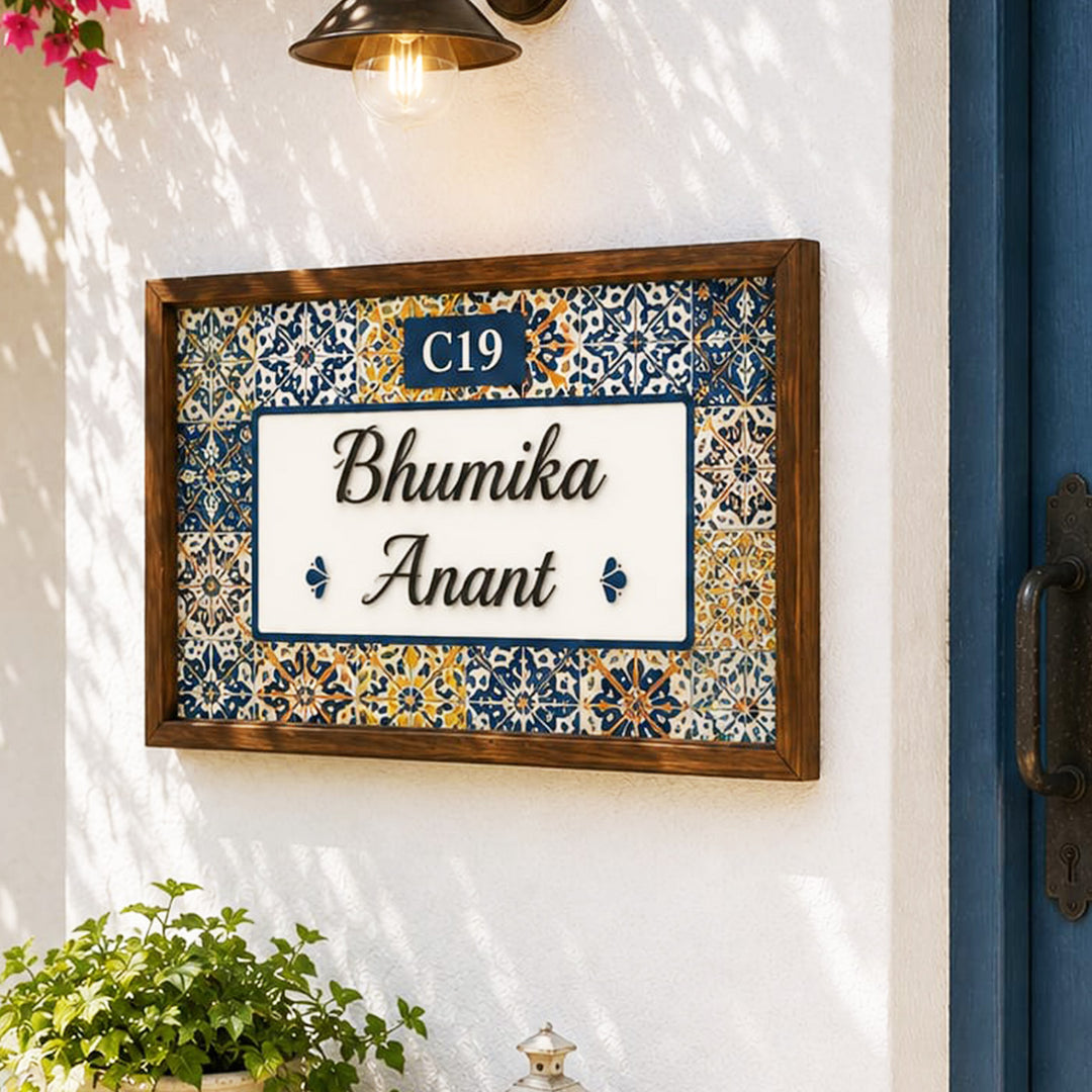 Personalized Morrocan Printed Wooden & Acrylic Name Plate with 3D Letters