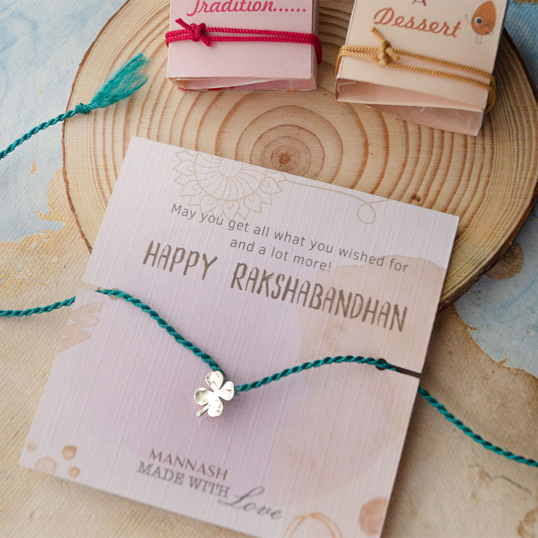 Good Luck Clover Sterling Silver Charm Rakhi With Roli Chawal For Brother