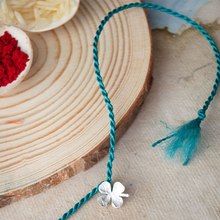 Good Luck Clover Sterling Silver Charm Rakhi With Roli Chawal For Brother