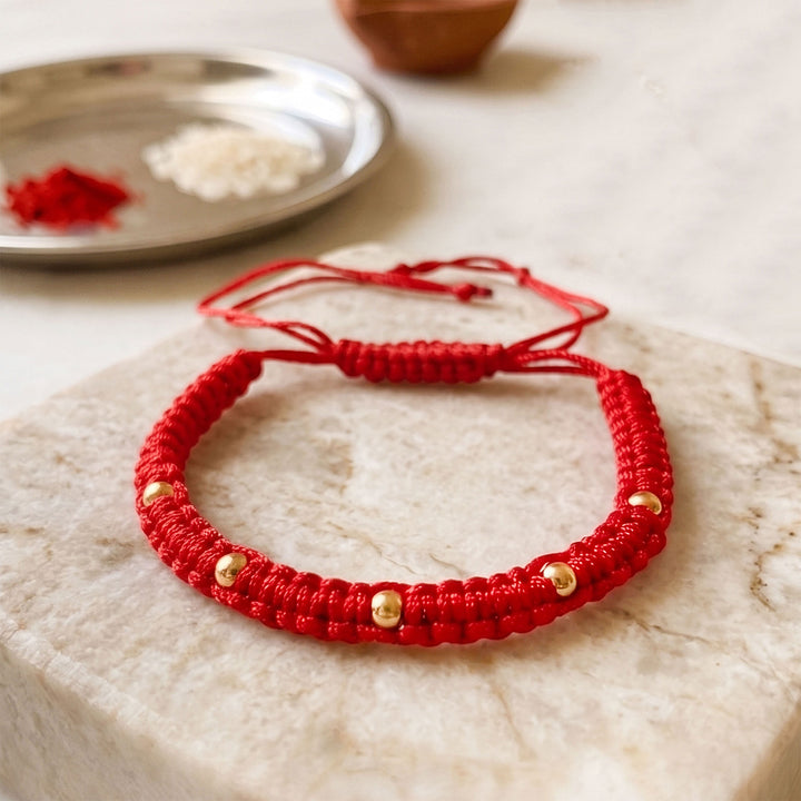 Minimal Beaded Gold Plated Sterling Silver Thread Rakhi With Roli Chawal For Brother