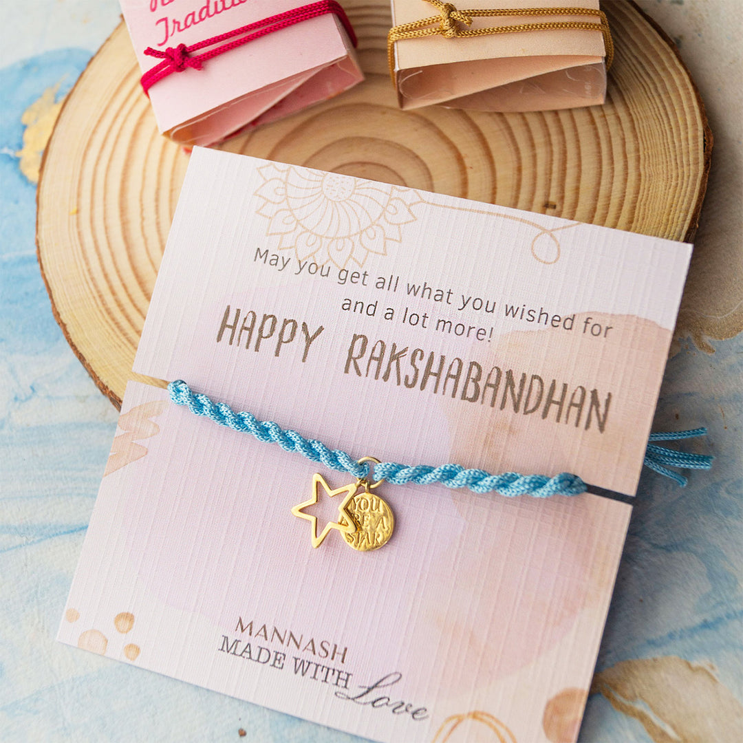 "You Are A Star" Gold Plated Sterling Silver Charm Rakhi With Roli Chawal For Brother