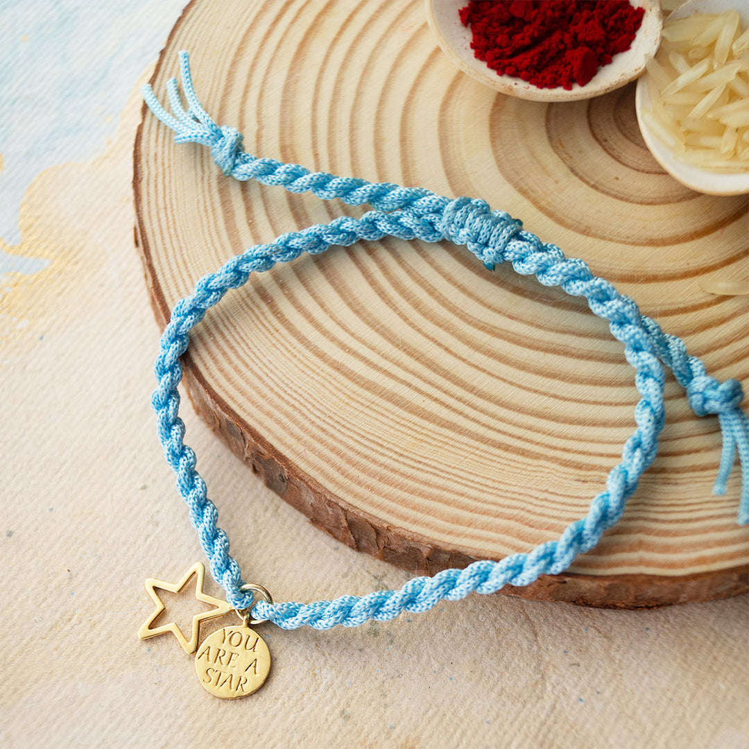 "You Are A Star" Gold Plated Sterling Silver Charm Rakhi With Roli Chawal For Brother