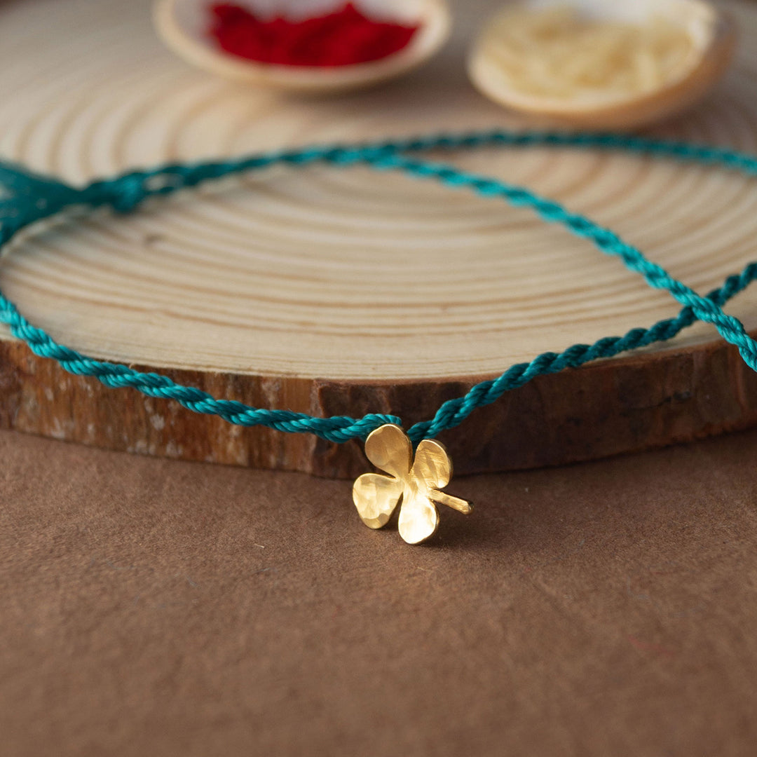 Good Luck Clover Gold Plated Sterling Silver Charm Rakhi With Roli Chawal For Brother