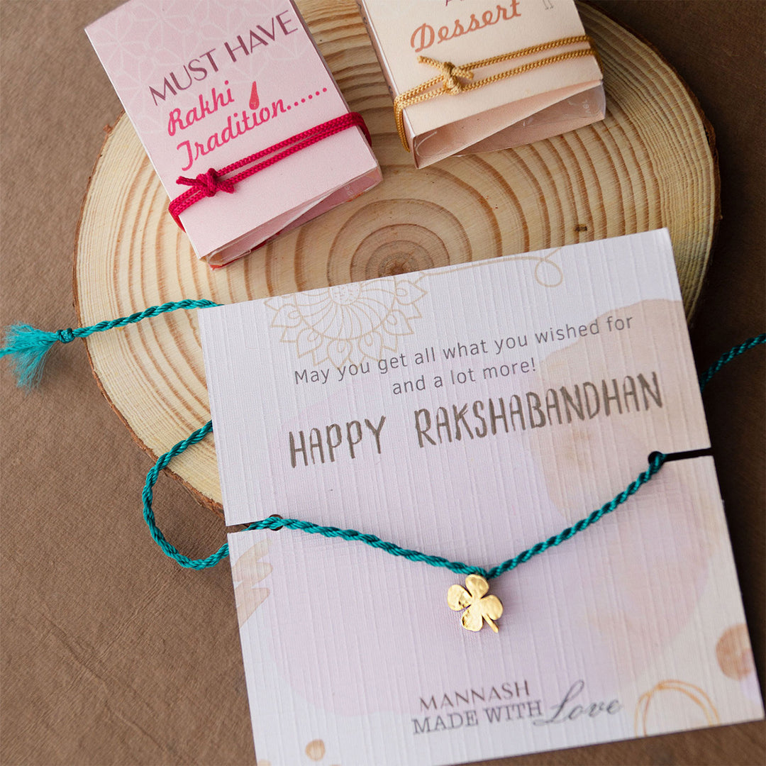 Good Luck Clover Gold Plated Sterling Silver Charm Rakhi With Roli Chawal For Brother