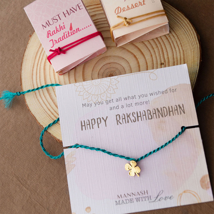 Good Luck Clover Gold Plated Sterling Silver Charm Rakhi With Roli Chawal For Brother