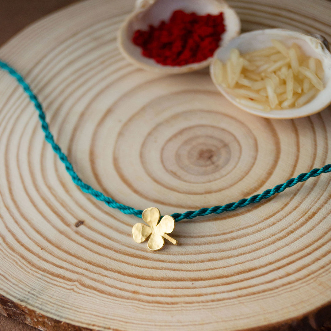 Good Luck Clover Gold Plated Sterling Silver Charm Rakhi With Roli Chawal For Brother