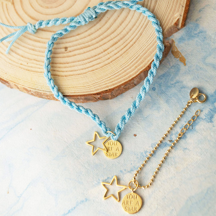 "You Are A Star" Gold Plated Sterling Silver Rakhi & Lumba Set With Roli Chawal For Bhaiya Bhabhi | Set of 2