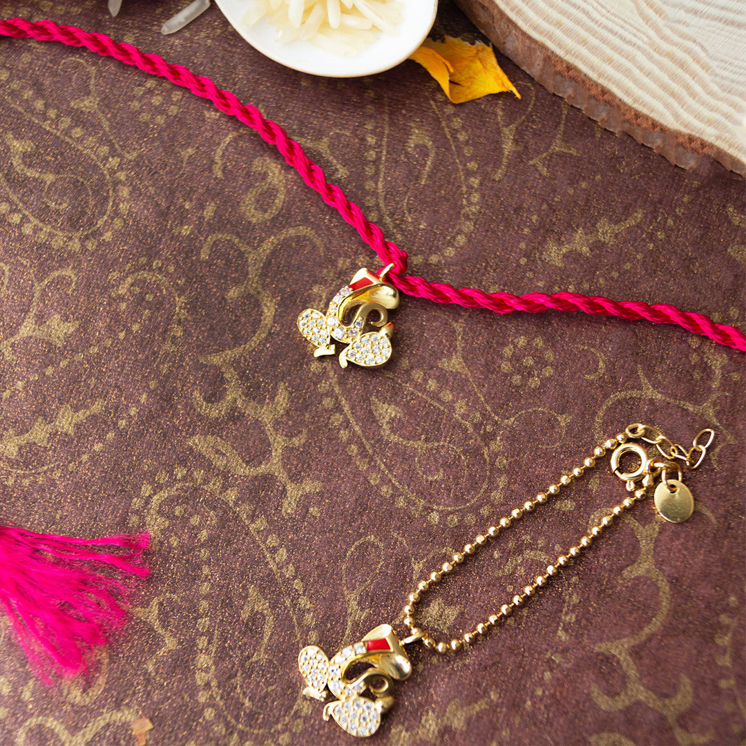Divine Ganesha Gold Plated Sterling Silver Rakhi & Lumba Set With Roli Chawal For Bhaiya Bhabhi | Set of 2
