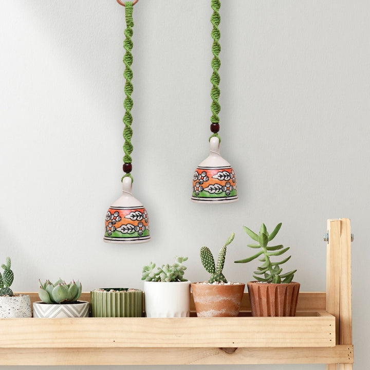 Hand Painted Ceramic Bells with Macrame Rope