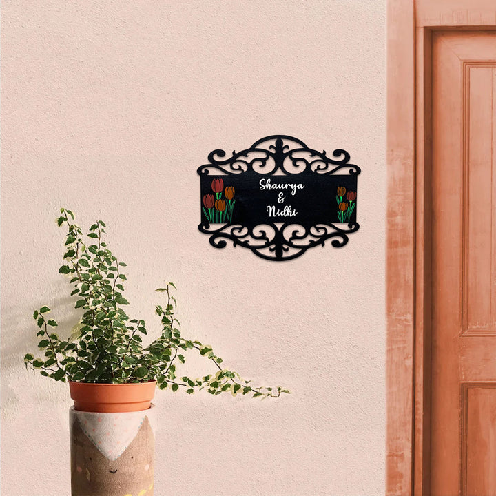 Rectangle Hand Painted Madhubani Art Name Plate 7 - Mounted on Wall Next to Door