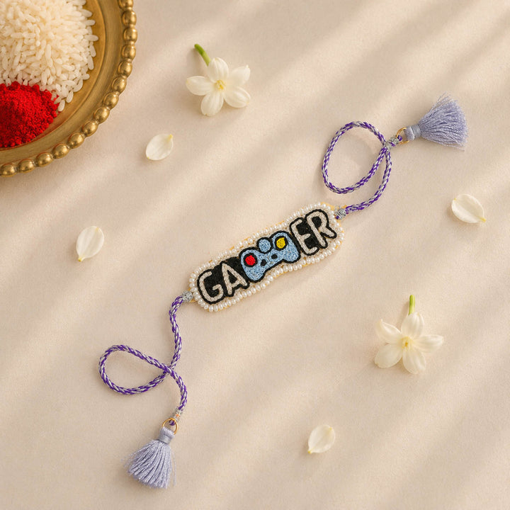 Handmade Beaded Gamer Theme Rakhi With Roli Chawal For Brother