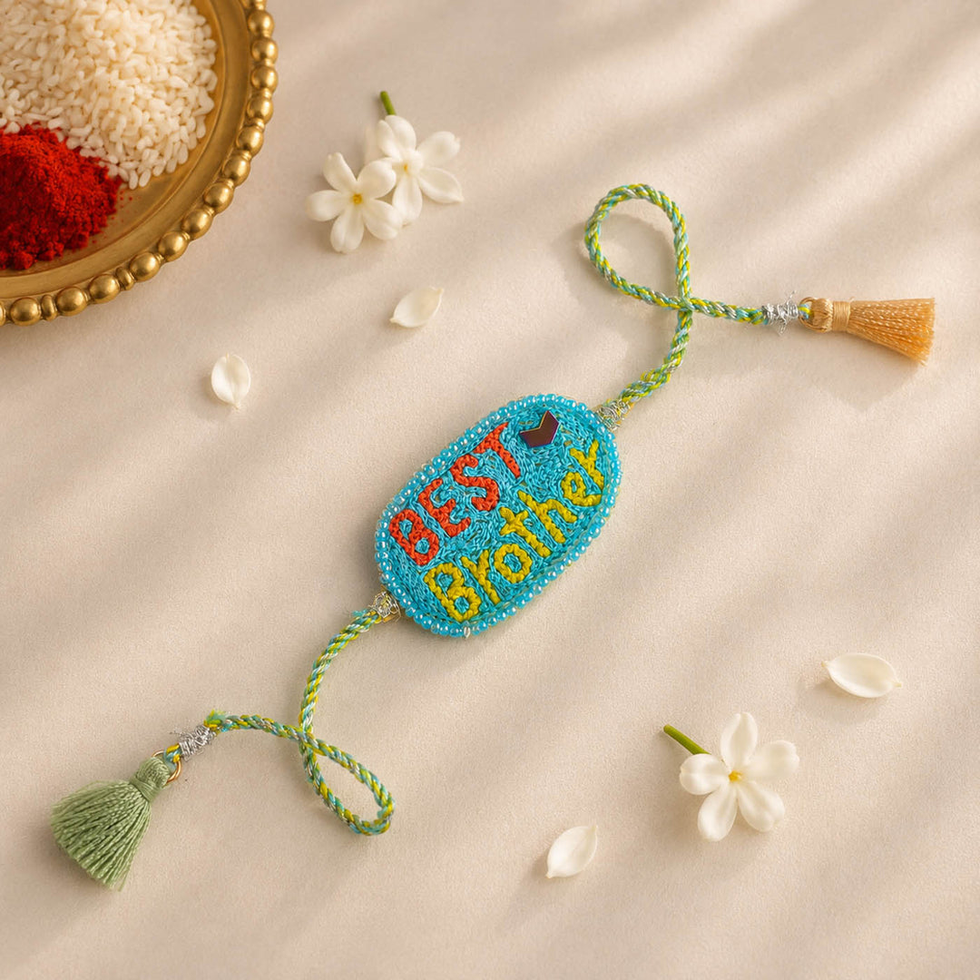 Handmade Beaded Best Brother Theme Rakhi With Roli Chawal For Brother