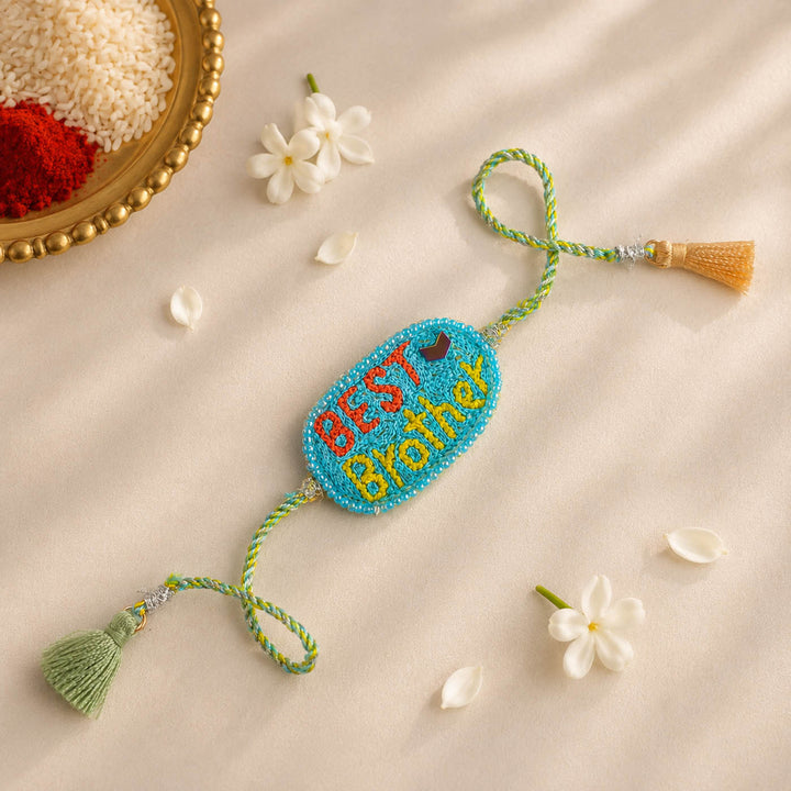 Handmade Beaded Best Brother Theme Rakhi With Roli Chawal For Brother
