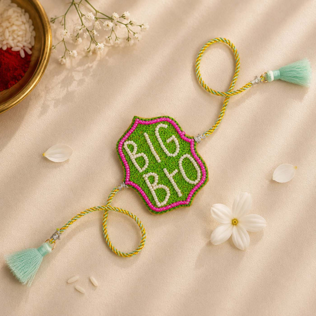 Handmade Beaded Embroidered Big Bro Theme Rakhi With Roli Chawal For Brother
