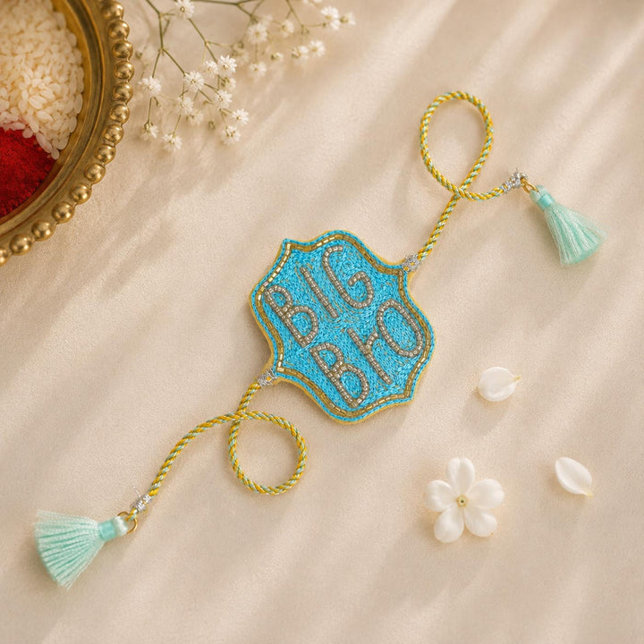 Handmade Beaded Embroidered Big Bro Theme Rakhi With Roli Chawal For Brother