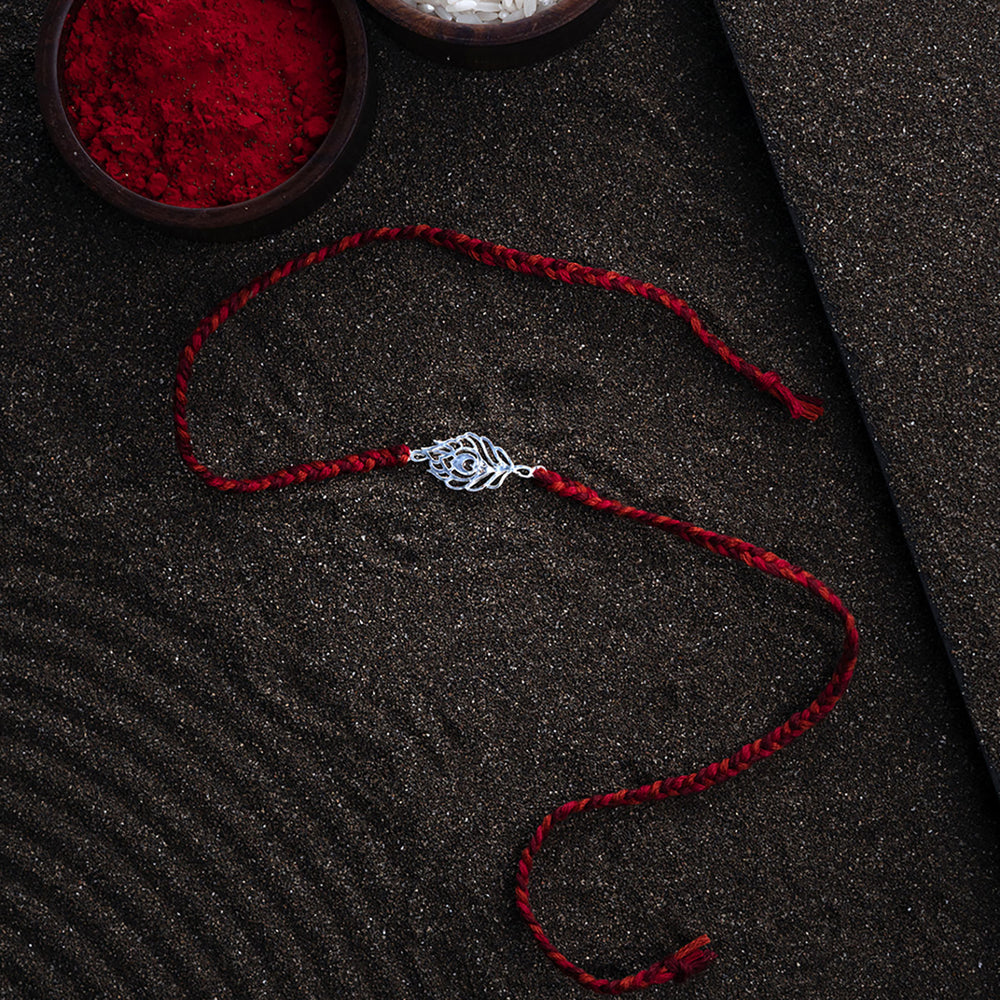 Handmade Mayur 925 Silver Rakhi With Roli Chawal For Brother - Full Product Display on Surface
