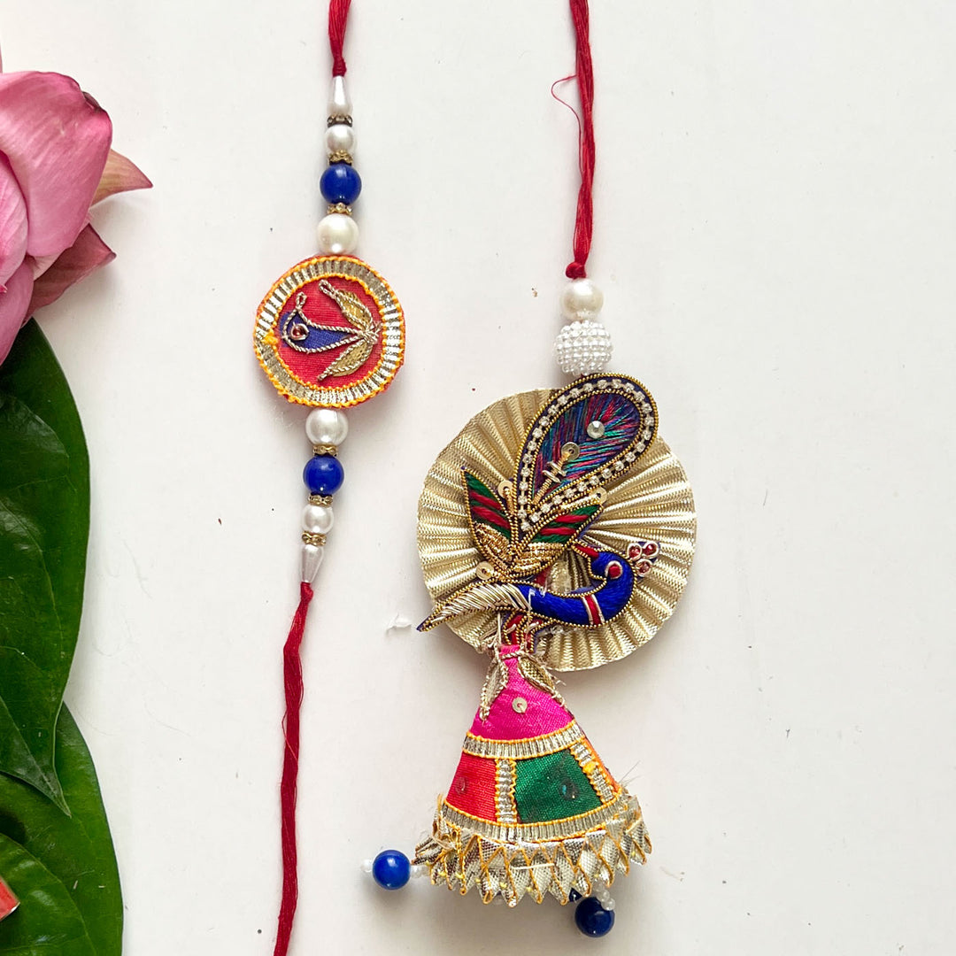 Handcrafted Gota Patti "Mayuri" Couple Rakhi & Lumba Set With Roli Chawal for Bhaiya Bhabhi