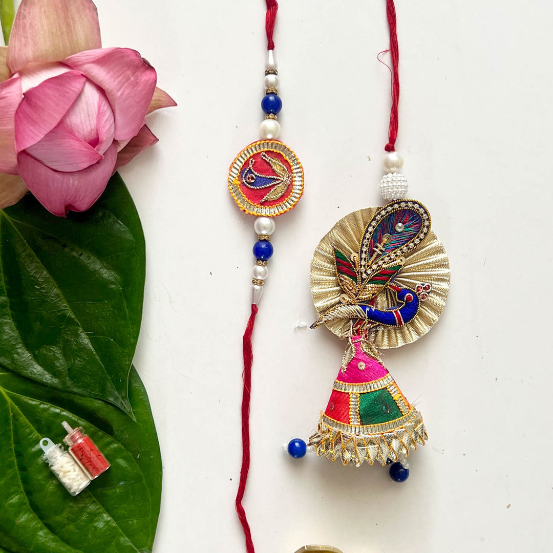 Handcrafted Gota Patti "Mayuri" Couple Rakhi & Lumba Set With Roli Chawal for Bhaiya Bhabhi